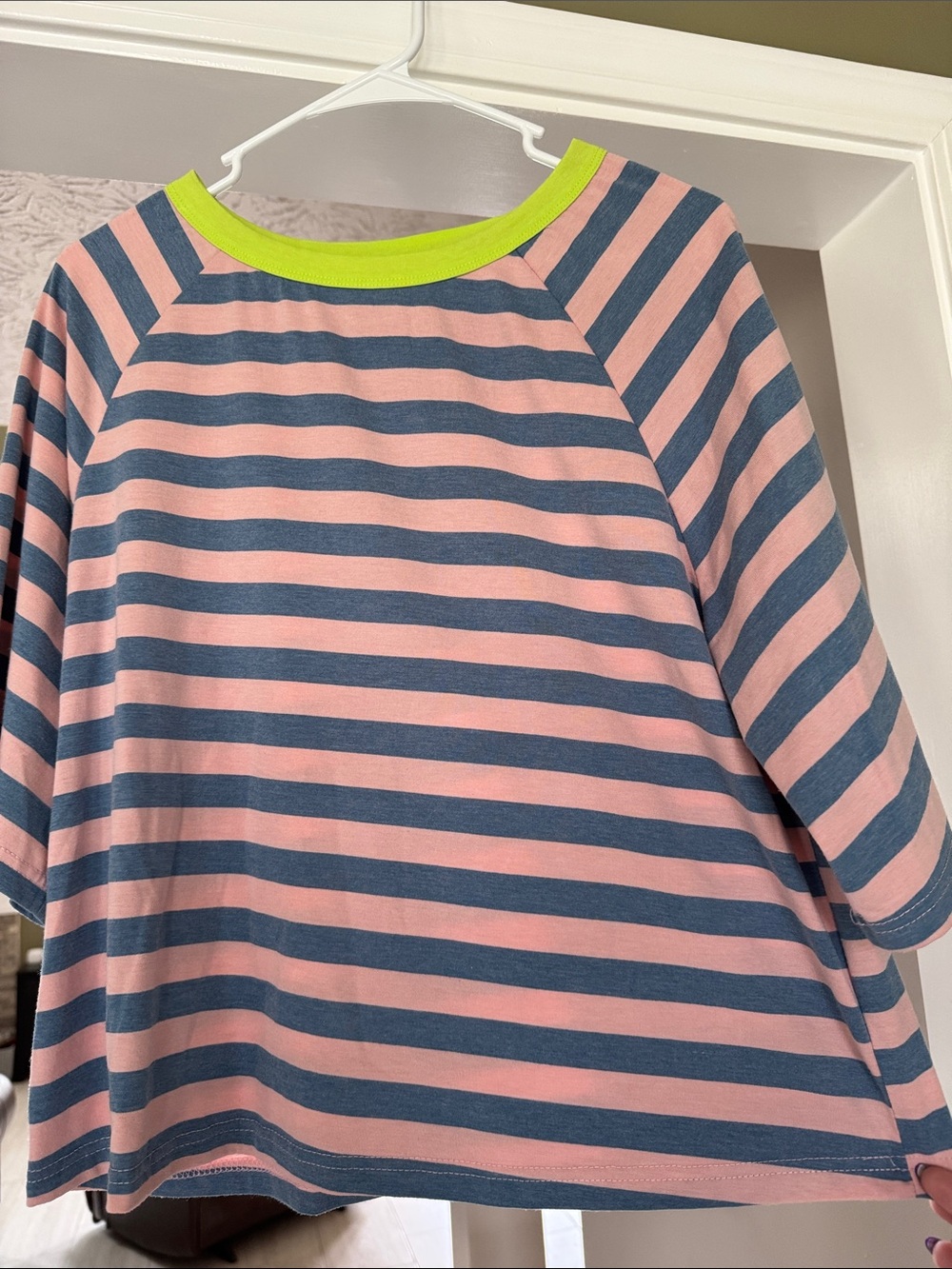 Striped Pink and Blue Boatneck Top with Neon Trim
